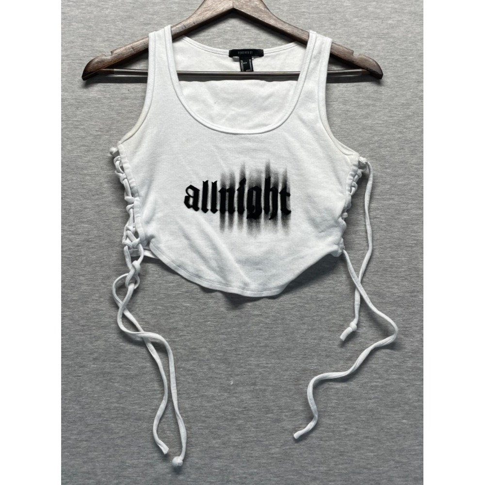 Forever 21 Lace Up Crop Tank Top Women Medium White Ribbed Knit Graphic Allnight